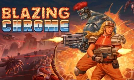 Ilustração de ação com título ‘Blazing Chrome’ em letras metálicas. Abaixo, personagem humanoide robótico de armadura azul e moicano vermelho luta ao lado de figura loira em armadura laranja disparando arma futurista. Fundo com explosões, inimigos robóticos e cenário caótico.