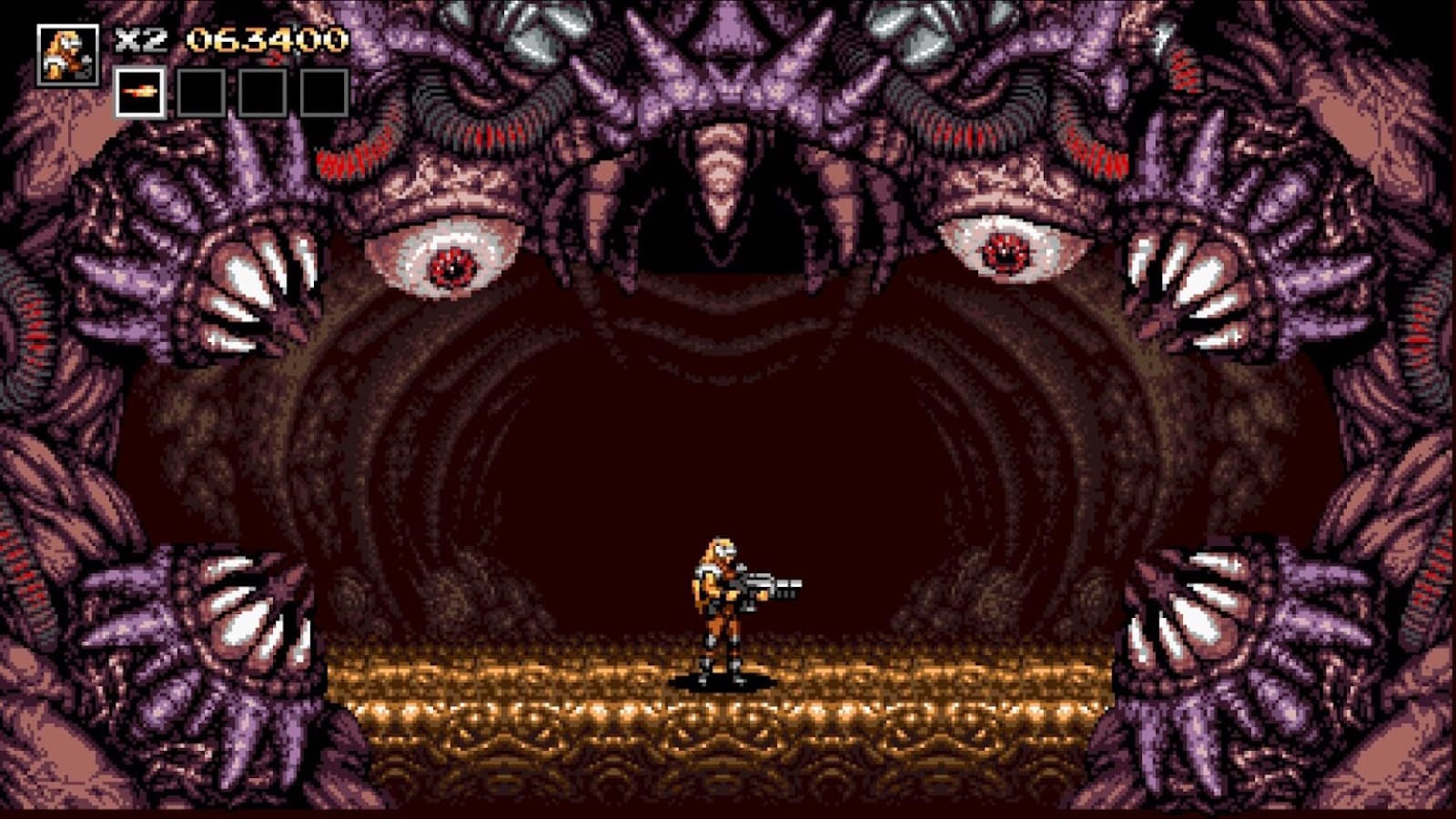 Cena em pixel art com personagem armado diante de criatura massiva de textura roxa, múltiplos olhos vermelhos e garras grandes. Ambiente orgânico em tons escuros lembra interior de criatura.
