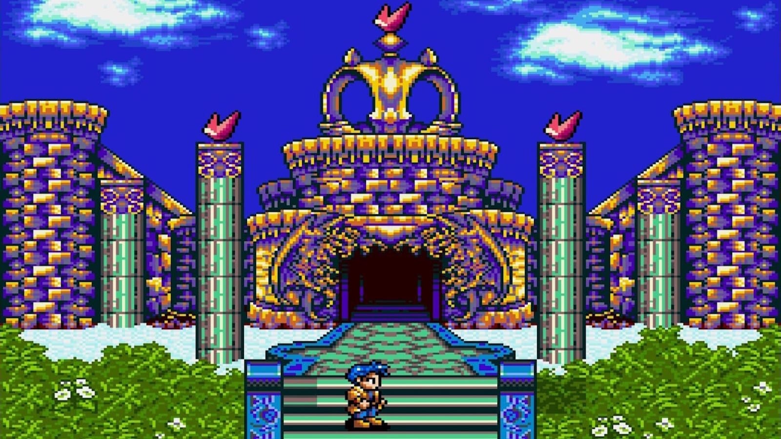 Cena em pixel‑art mostrando um personagem parado no topo de uma escadaria diante de um grande edifício ornamentado, com colunas douradas, detalhes roxos e figuras de pássaros vermelhos no alto. A entrada é ampla e escura. Há folhagens verdes e flores no primeiro plano, e um céu azul com nuvens ao fundo.