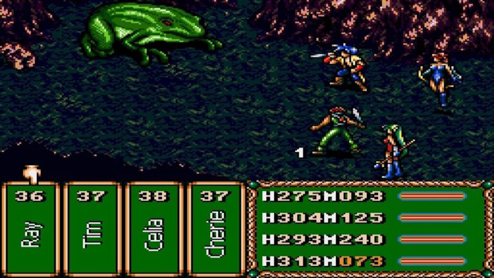 Cena de batalha em pixel‑art: à esquerda há um grande monstro verde parecido com um sapo de olhos vermelhos. À direita, quatro personagens humanos em formação de combate, cada um com roupas e armas diferentes. O fundo mostra terreno escuro com rochas.
