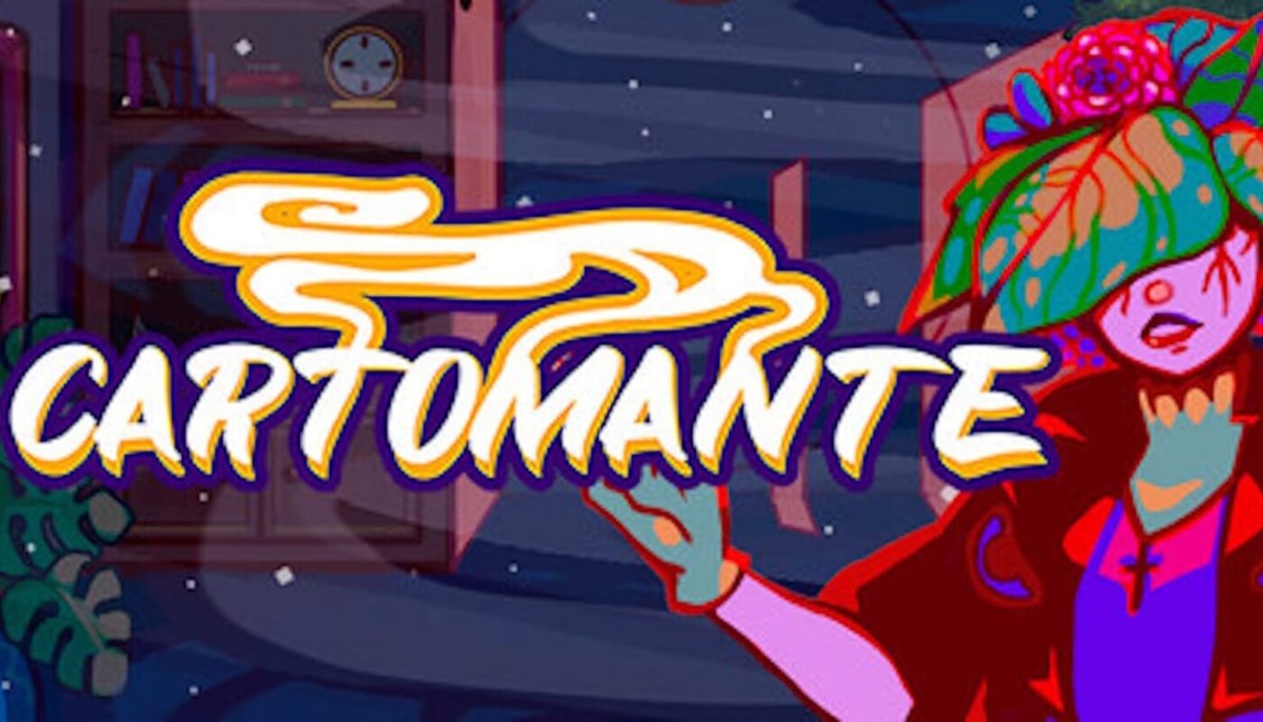 Logo com a palavra “CARTOMANTE” em letras coloridas estilo neon, com um fundo de cenário noturno e elementos decorativos; ao lado, há uma figura em tom vermelho usando um chapéu.