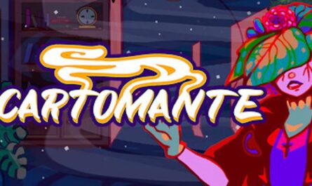 Logo com a palavra “CARTOMANTE” em letras coloridas estilo neon, com um fundo de cenário noturno e elementos decorativos; ao lado, há uma figura em tom vermelho usando um chapéu.