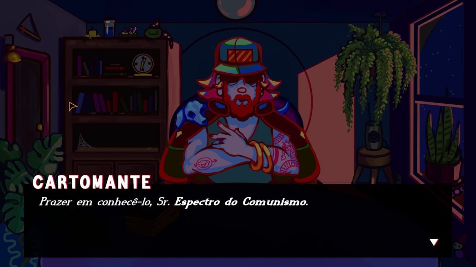 Um personagem de jogo peculiar, um homem barbudo de chapéu, posa em uma paisagem vibrante e animada.