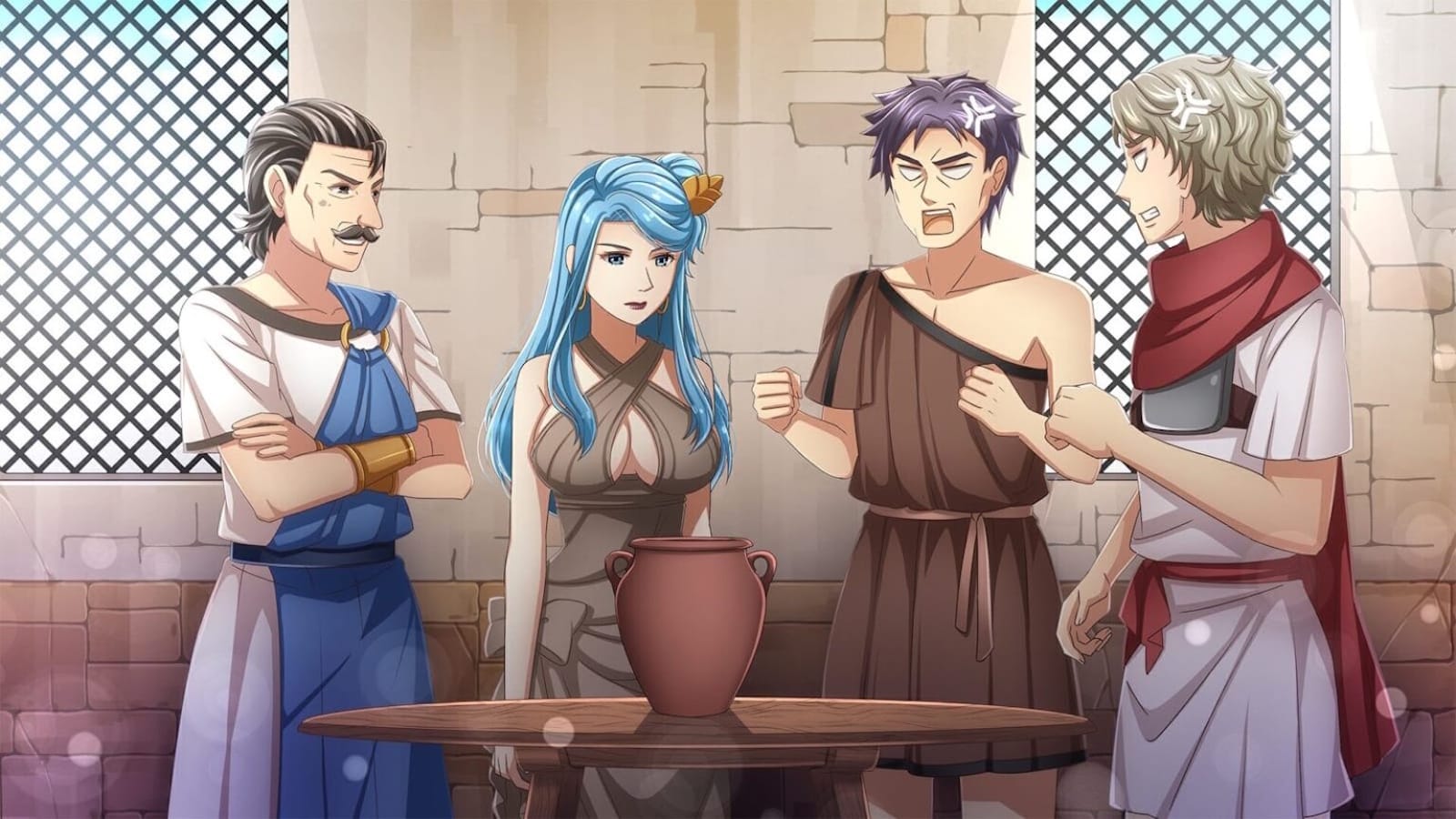 Cena ilustrada com quatro figuras em roupas greco‑romanas reunidas em torno de mesa com grande ânfora. Um personagem gesticula enquanto os outros observam. Fundo com paredes de pedra e janelas em padrão de treliça.