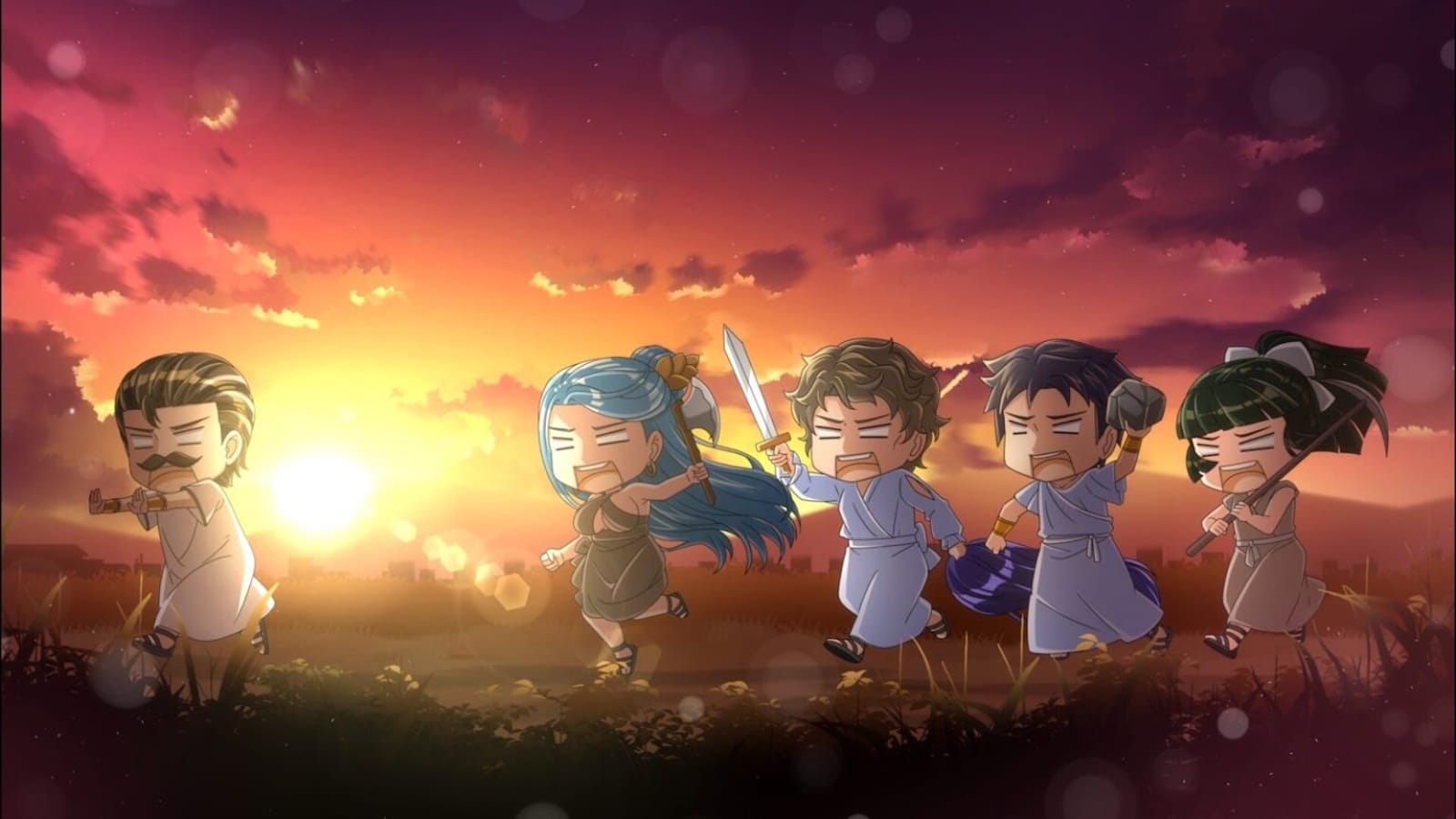 Ilustração chibi com cinco personagens correndo em campo ao pôr do sol. Cada um carrega item distinto: pergaminho, machado, espada, martelo e lança. Céu em tons de laranja e roxo ilumina a cena.