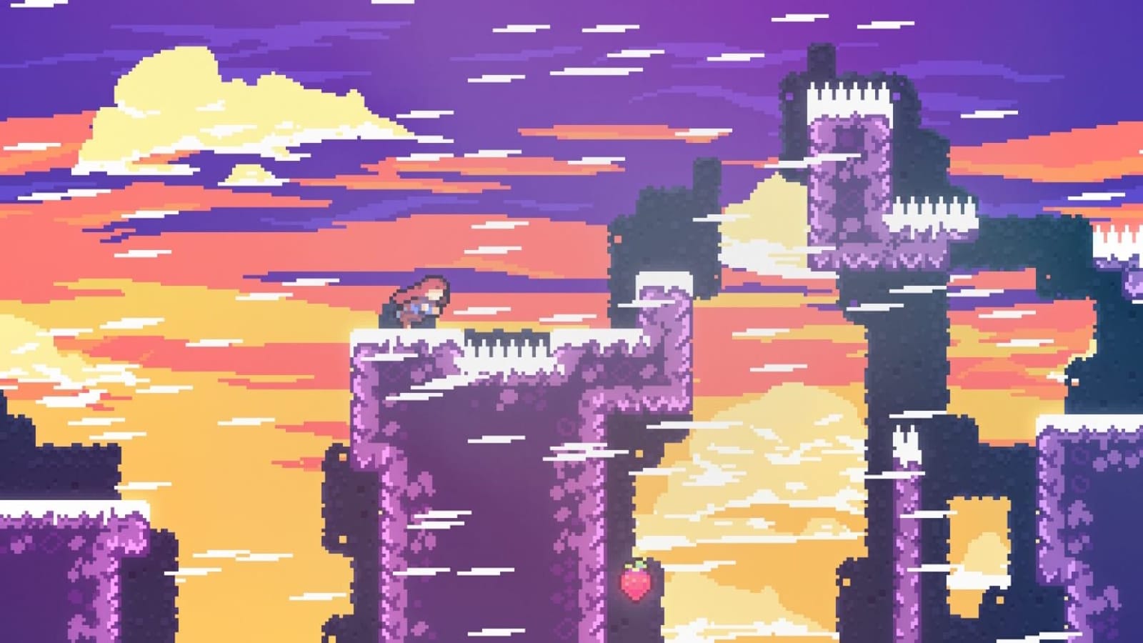 Cena em pixel art com personagem sobre penhasco roxo coberto de neve e espinhos. Céu em tons de laranja, rosa e roxo ao pôr do sol. Morango flutuante aparece abaixo da plataforma.
