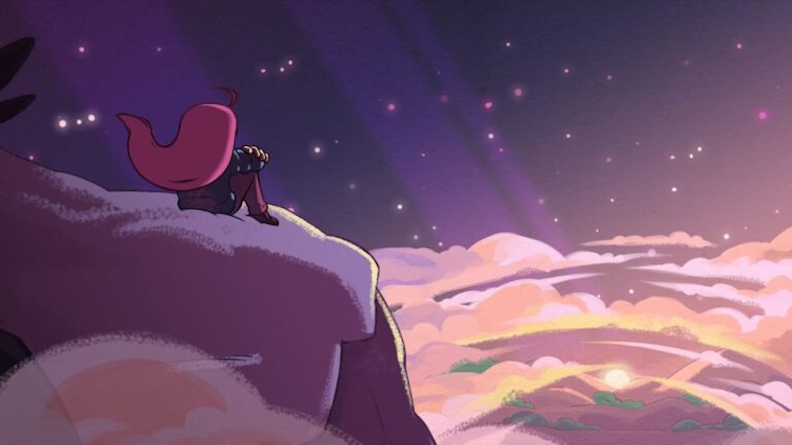 Cena animada com personagem de cachecol vermelho sentada em rocha olhando horizonte com nuvens em tons pastel e sol baixo iluminando céu roxo e dourado. Atmosfera calma e contemplativa.