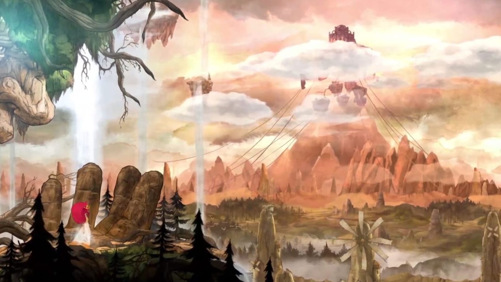 Cenário de fantasia com formação de pedra em forma de mão onde figura de capa vermelha e coroa está posicionada. Ao redor há árvores escuras e raízes retorcidas. Acima, massa de terra flutuante com quedas de luz e vegetação. Montanhas avermelhadas e ilhas suspensas presas por cabos aparecem ao fundo, com moinho próximo à base.