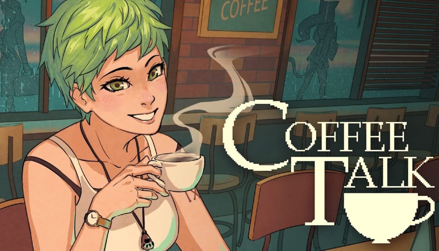 Ilustração de personagem de cabelo verde curto segurando xícara branca em cafeteria aconchegante com mesas de madeira e janela ao fundo. À direita aparece o título ‘Coffee Talk’ com fonte pixelada e ícone de xícara.