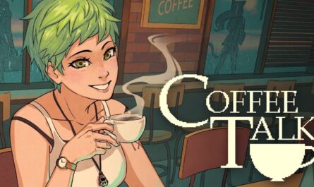 Ilustração de personagem de cabelo verde curto segurando xícara branca em cafeteria aconchegante com mesas de madeira e janela ao fundo. À direita aparece o título ‘Coffee Talk’ com fonte pixelada e ícone de xícara.