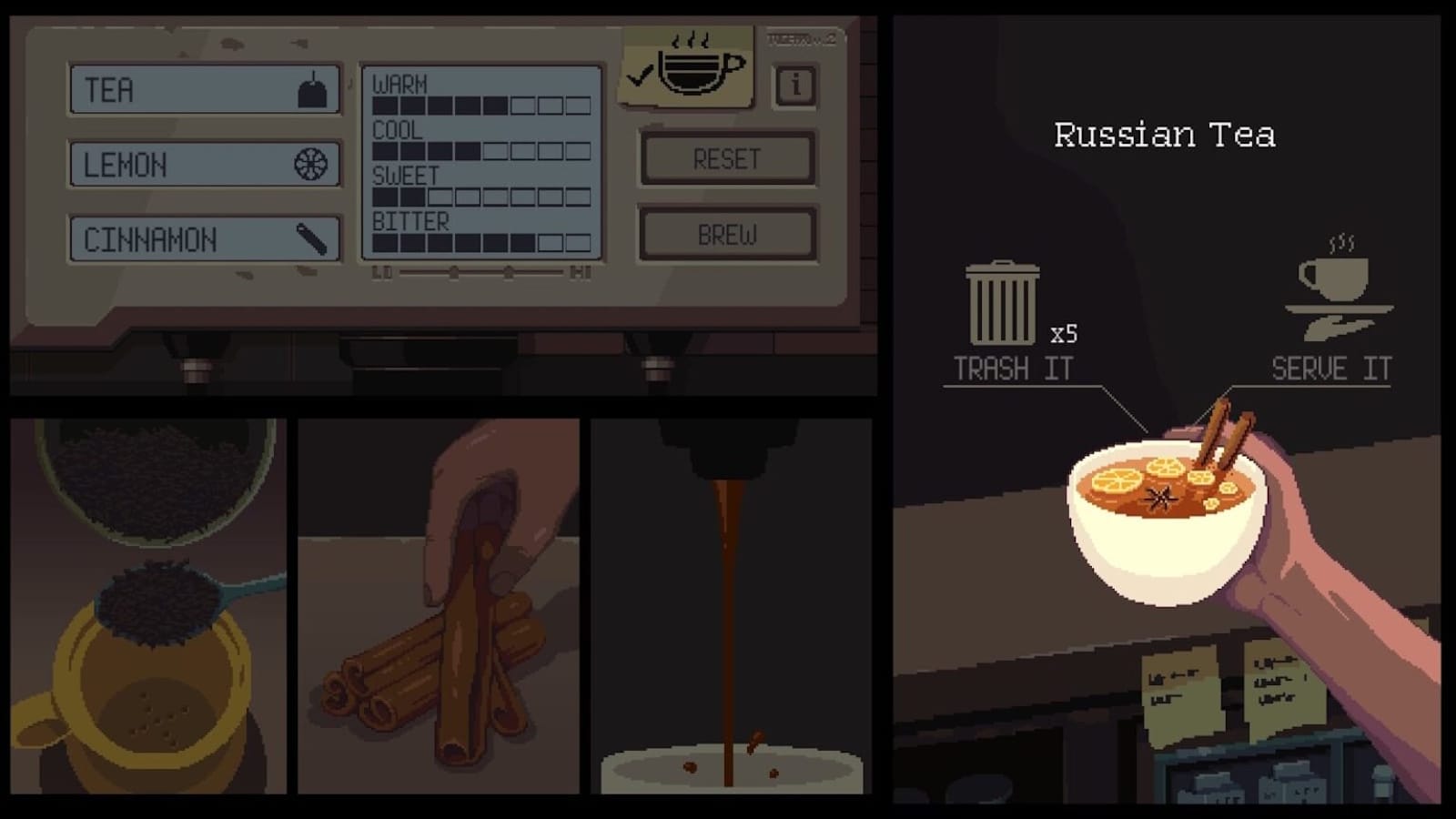 Tela pixelada mostrando máquina de preparo de chá com ingredientes como chá, limão e canela, além de controles de sabor. Painéis inferiores exibem etapas do preparo e, por fim, mão segurando xícara de ‘Russian Tea’ com limão e especiarias.