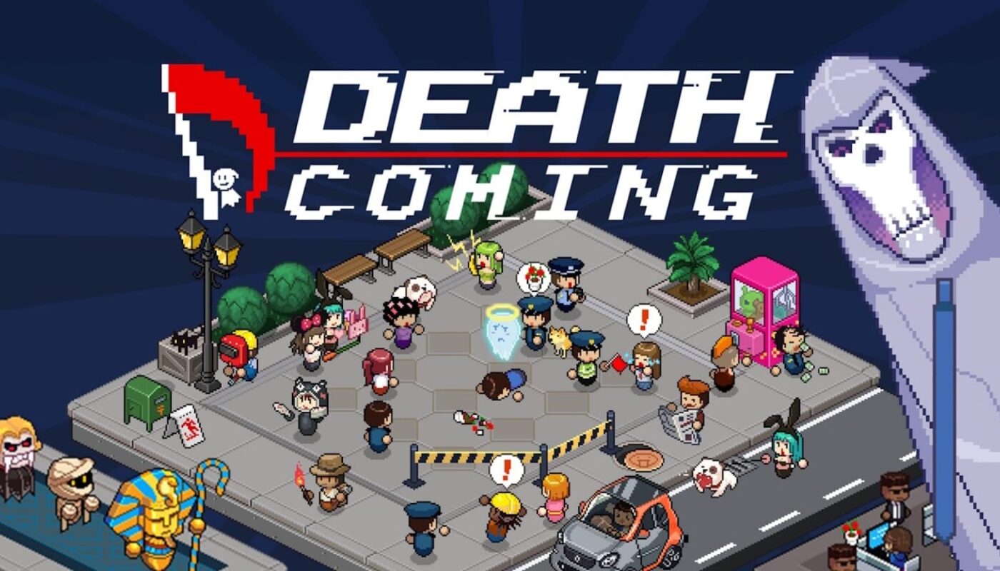 Pixel art com rua cheia de personagens alarmados ao redor de figura caída com auréola. À direita, ceifador gigante sorri atrás da cena. Título ‘DEATH COMING’ aparece no topo com foice estilizada.