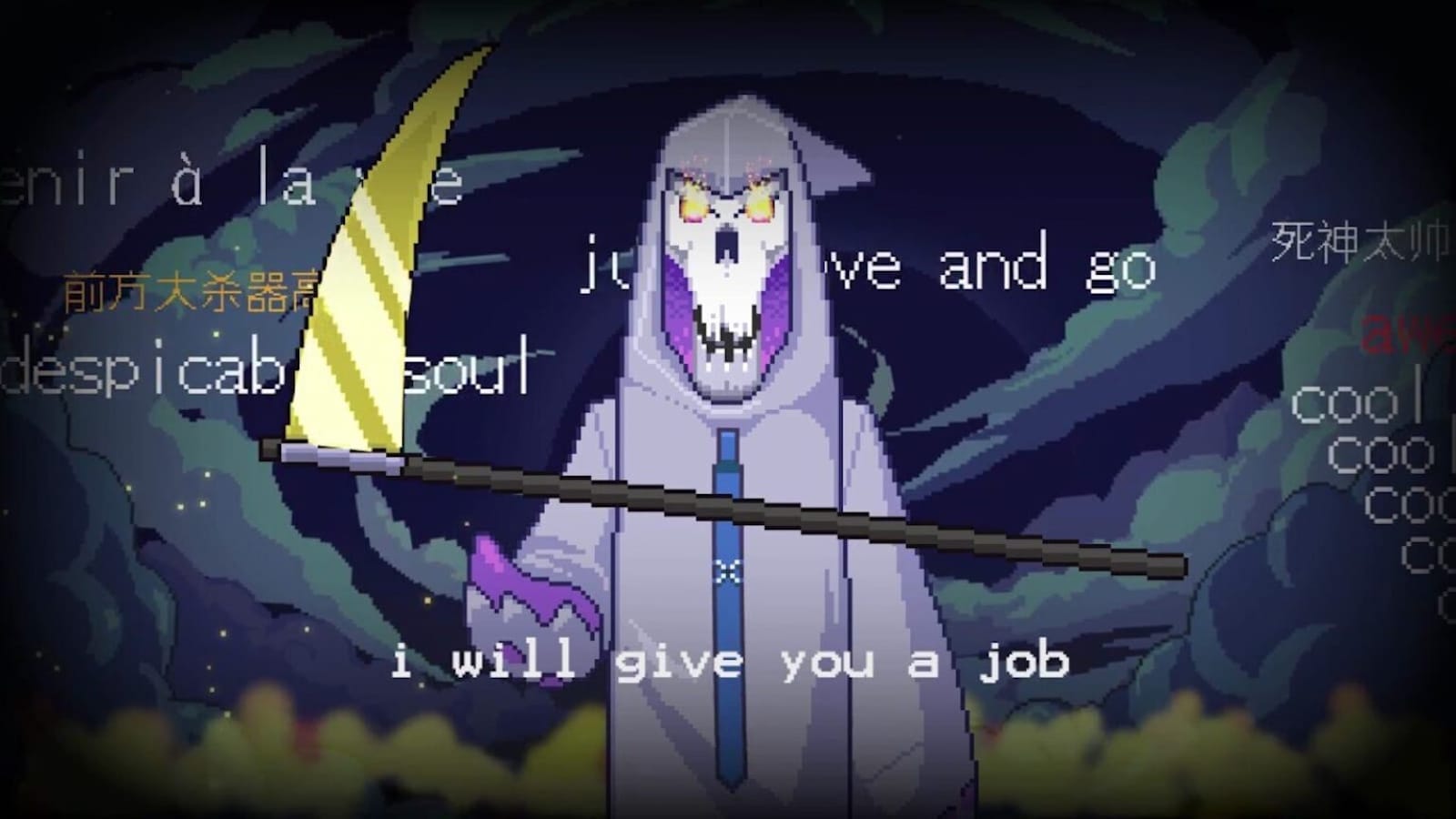 Figura esquelética em pixel art usando capuz e segurando foice de lâmina amarela diante de nuvens escuras. Textos em inglês, francês, chinês e japonês aparecem ao redor.