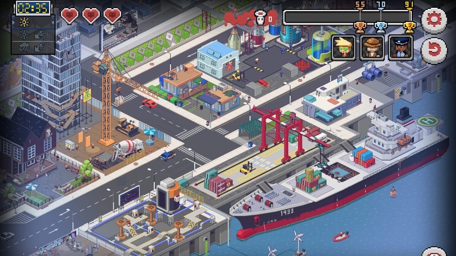 Cena em pixel art mostrando porto com navio, guindastes, fábricas, casas e ruas com carros e pedestres.