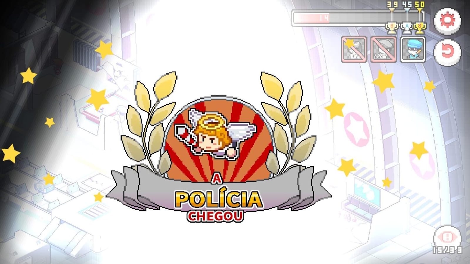 Emblema central com anjo segurando bastão cercado por folhas douradas e estrelas. Fundo mostra ambiente futurista com máquinas e monitores.