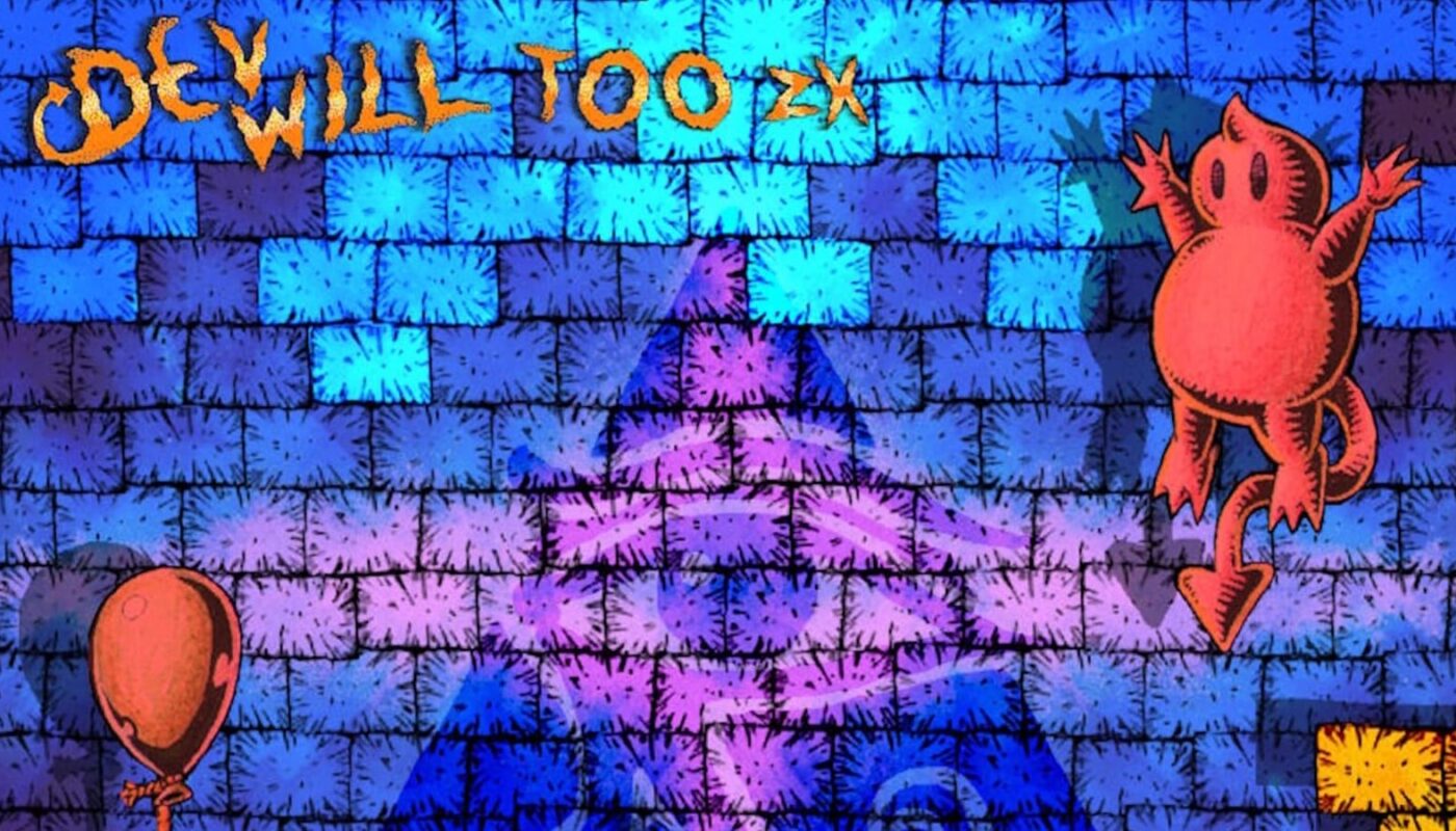 Ilustração colorida com fundo de blocos azuis e roxos em forma de tijolos. No topo há o texto ‘DEVWILL TOO ZΧ’ em laranja. Um símbolo triangular roxo aparece ao centro. À direita, uma criatura vermelha arredondada com cauda parece saltar. No canto inferior esquerdo há um balão vermelho.