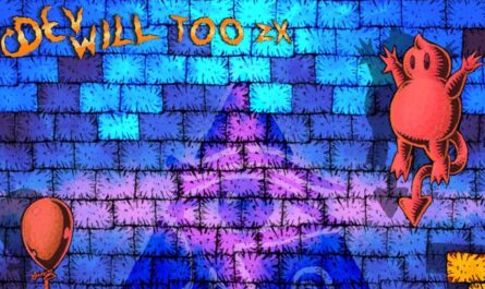 Ilustração colorida com fundo de blocos azuis e roxos em forma de tijolos. No topo há o texto ‘DEVWILL TOO ZΧ’ em laranja. Um símbolo triangular roxo aparece ao centro. À direita, uma criatura vermelha arredondada com cauda parece saltar. No canto inferior esquerdo há um balão vermelho.
