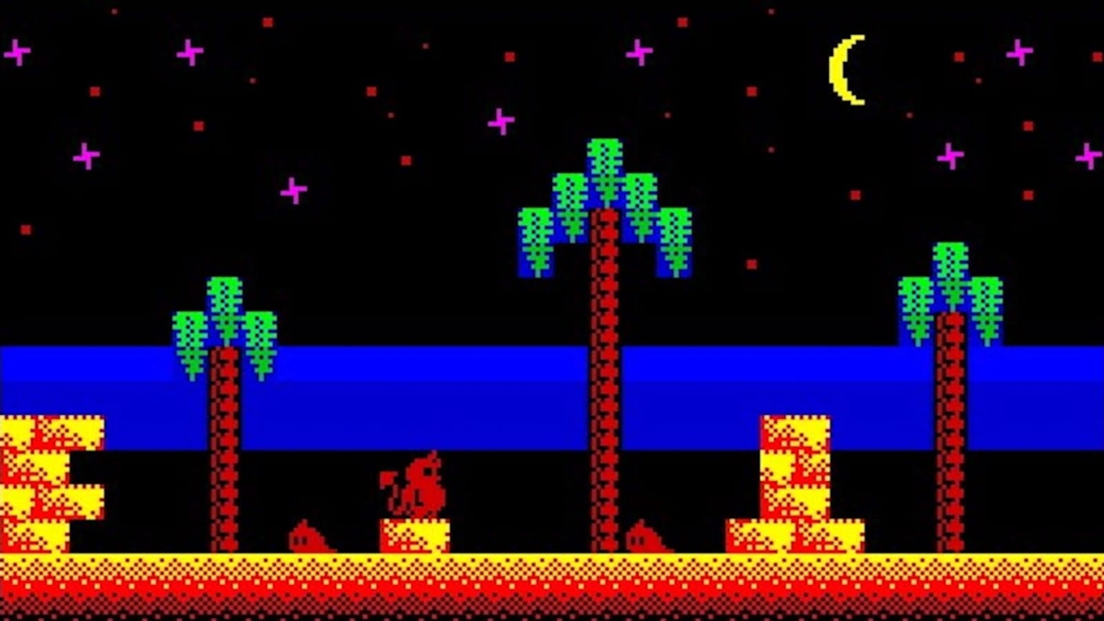 Cena em pixel‑art mostrando céu noturno preto com estrelas vermelhas e roxas e lua crescente amarela. Três palmeiras de tronco vermelho e folhas verdes estão sobre uma faixa azul que sugere água ou horizonte. O chão é feito de pixels amarelos e vermelhos. Blocos amarelos estão empilhados e um pequeno personagem vermelho está sobre eles.