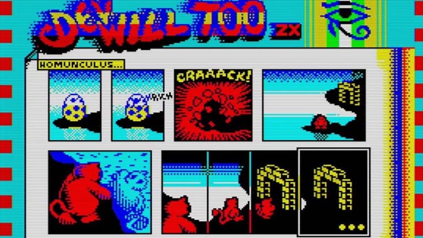 Quadrinhos em pixel‑art com o título ‘DEVIL TOO ZX’. Os painéis mostram um ovo marcado como ‘HOMUNCULUS…’ que se quebra com o texto ‘CRAAACK!’ revelando uma criatura vermelha. A criatura caminha em direção a uma estrutura de tijolos amarelos semelhante a um arco. No topo há símbolos decorativos, incluindo um olho estilizado.