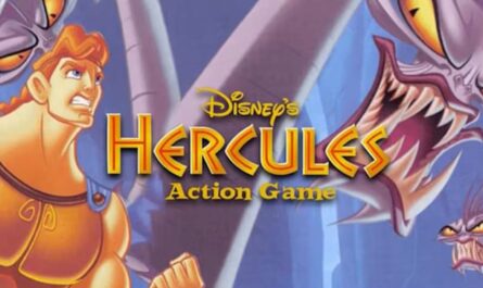Capa do jogo Disney’s Hercules Action Game, mostrando Hércules em estilo de animação, musculoso, usando túnica marrom‑dourada e olhando com expressão determinada. Ao redor dele aparecem várias cabeças de uma serpente monstruosa de múltiplos pescoços, com dentes afiados. O fundo é azul e roxo, criando um clima de ação e aventura. O título ‘Disney’s Hercules Action Game’ aparece na parte superior.