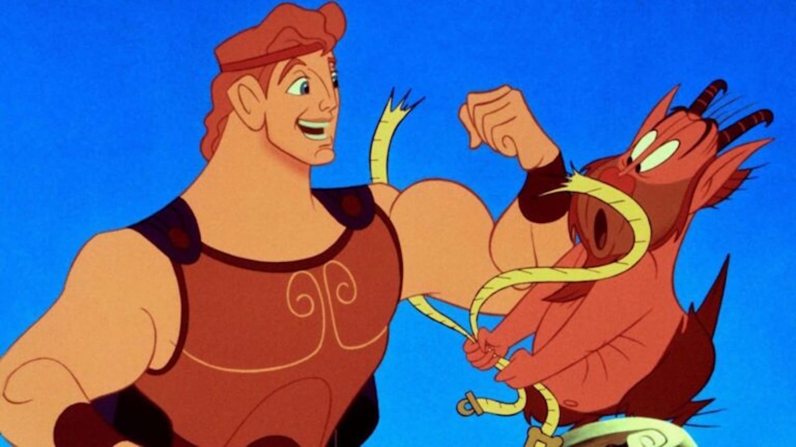 Hércules, em estilo de animação da Disney, sorri enquanto envolve Phil com uma fita métrica. Hércules é alto e musculoso, usando túnica marrom e capa azul. Phil, um sátiro pequeno com chifres e pernas de bode, parece surpreso. O fundo é azul sólido.
