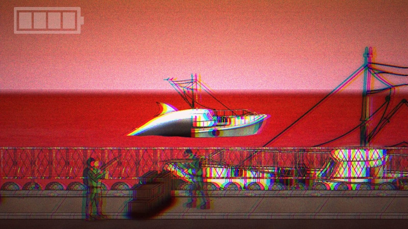Ilustração com dois personagens em píer ao lado de caixas empilhadas. Ao fundo, barco parcialmente submerso em mar vermelho sob céu igualmente avermelhado. Toda a cena apresenta efeito de distorção com contornos em vermelho, verde e azul.