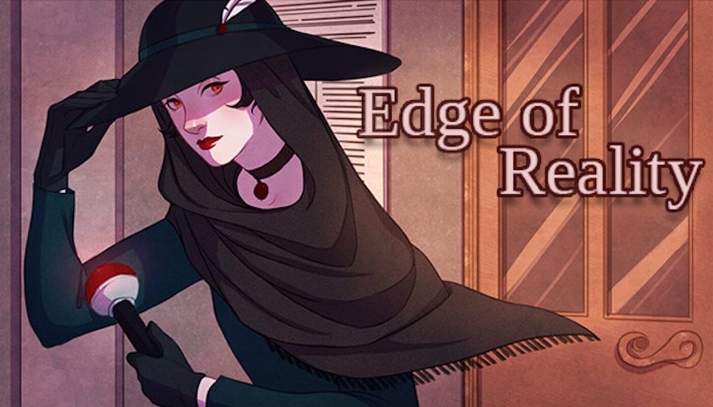 Ilustração com personagem de pele pálida, olhos vermelhos e chapéu de aba larga com pena, usando roupas escuras. Fundo com porta de madeira e parede listrada. Texto ‘Edge of Reality’ aparece à direita.