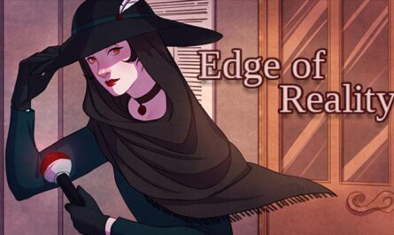 Ilustração com personagem de pele pálida, olhos vermelhos e chapéu de aba larga com pena, usando roupas escuras. Fundo com porta de madeira e parede listrada. Texto ‘Edge of Reality’ aparece à direita.