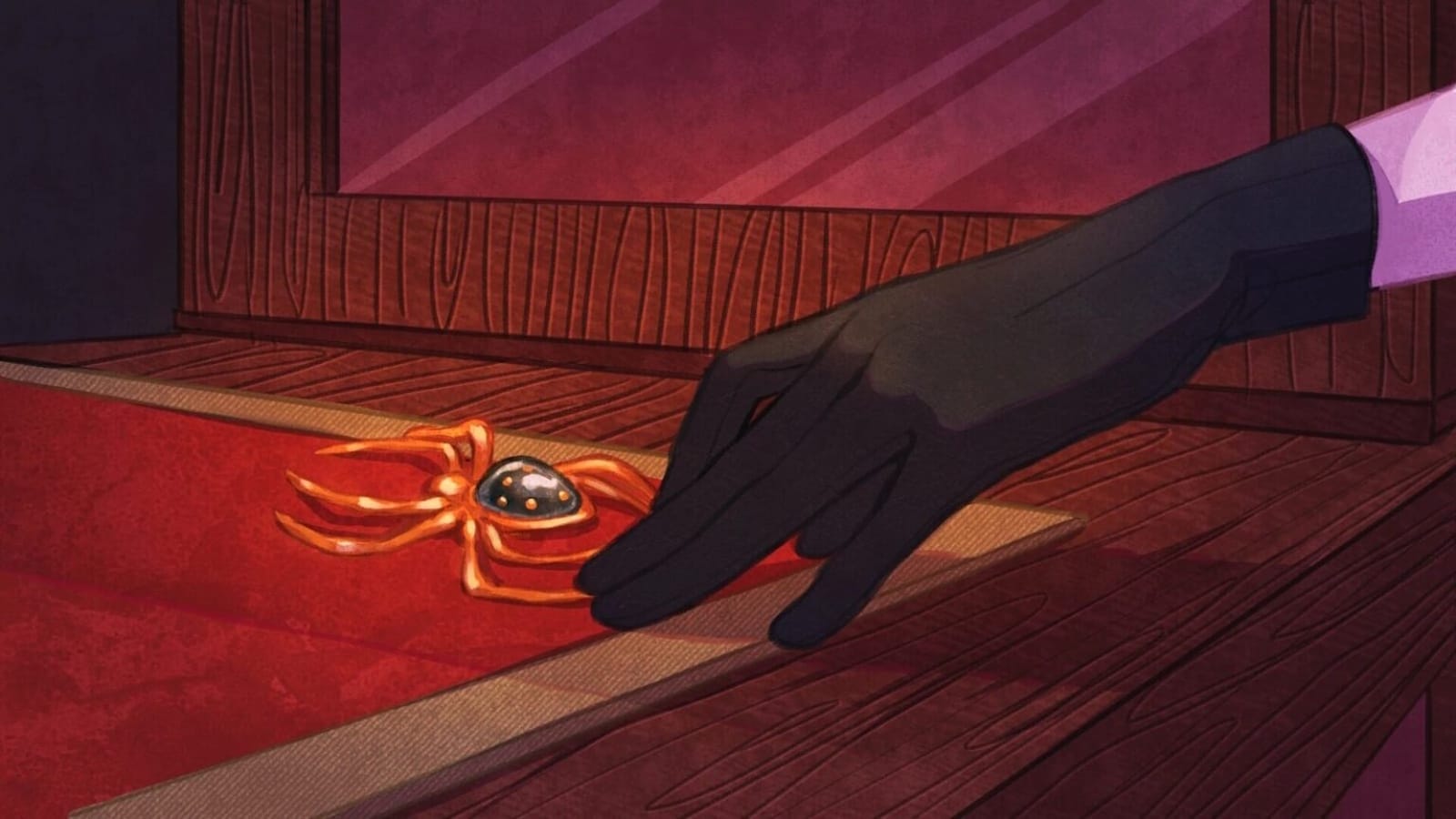 Cena ilustrada com mão enluvada estendida em direção a objeto dourado em forma de aranha com detalhe escuro no corpo. Superfície vermelha e painel de madeira ao fundo sugerem ambiente de exposição ou caixa decorada.