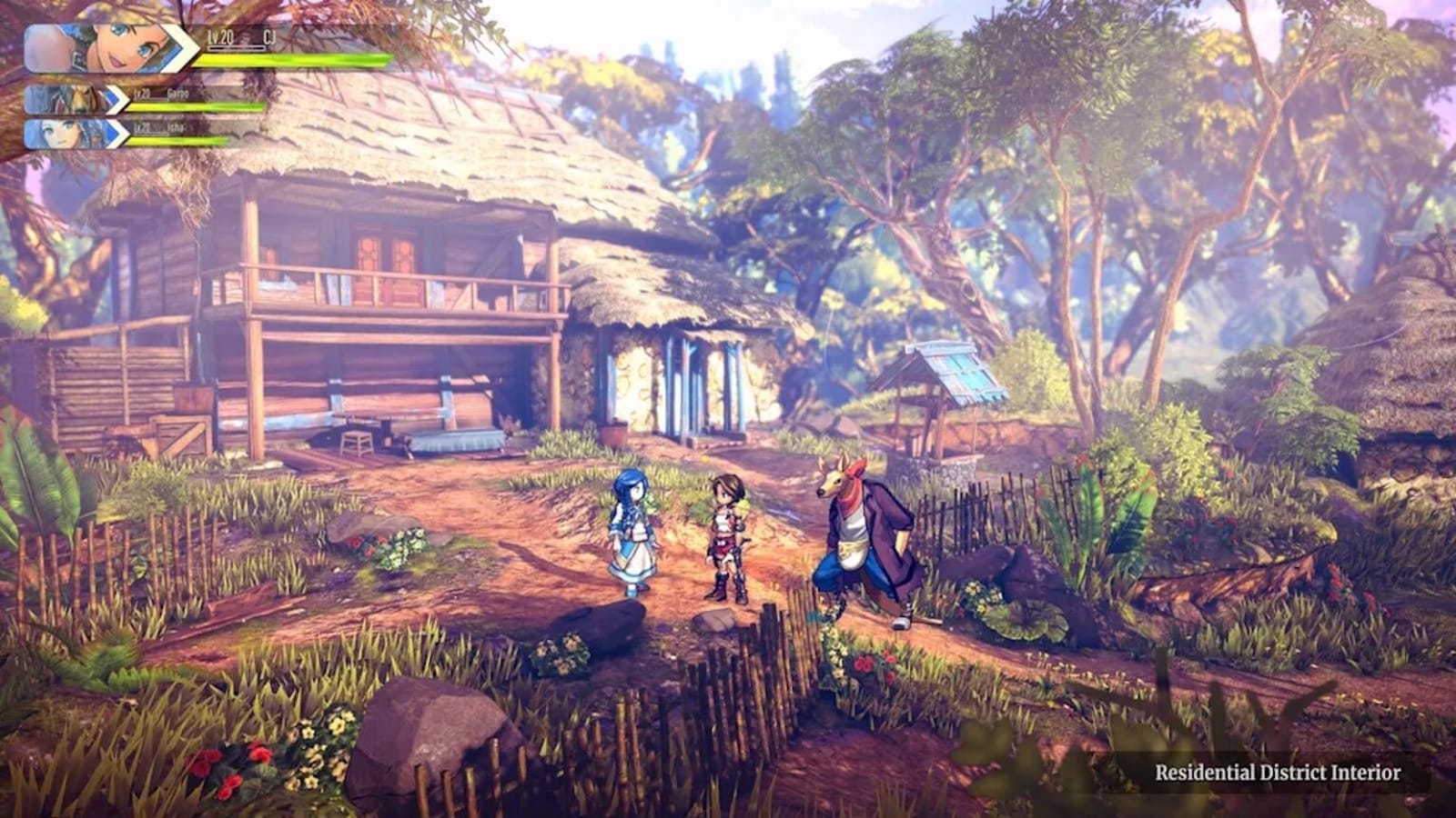 Cena estilizada com três personagens em caminho de terra cercado por vegetação e cercas. Ao fundo, casa grande de madeira e pedra com telhado de palha e cortinas azuis.