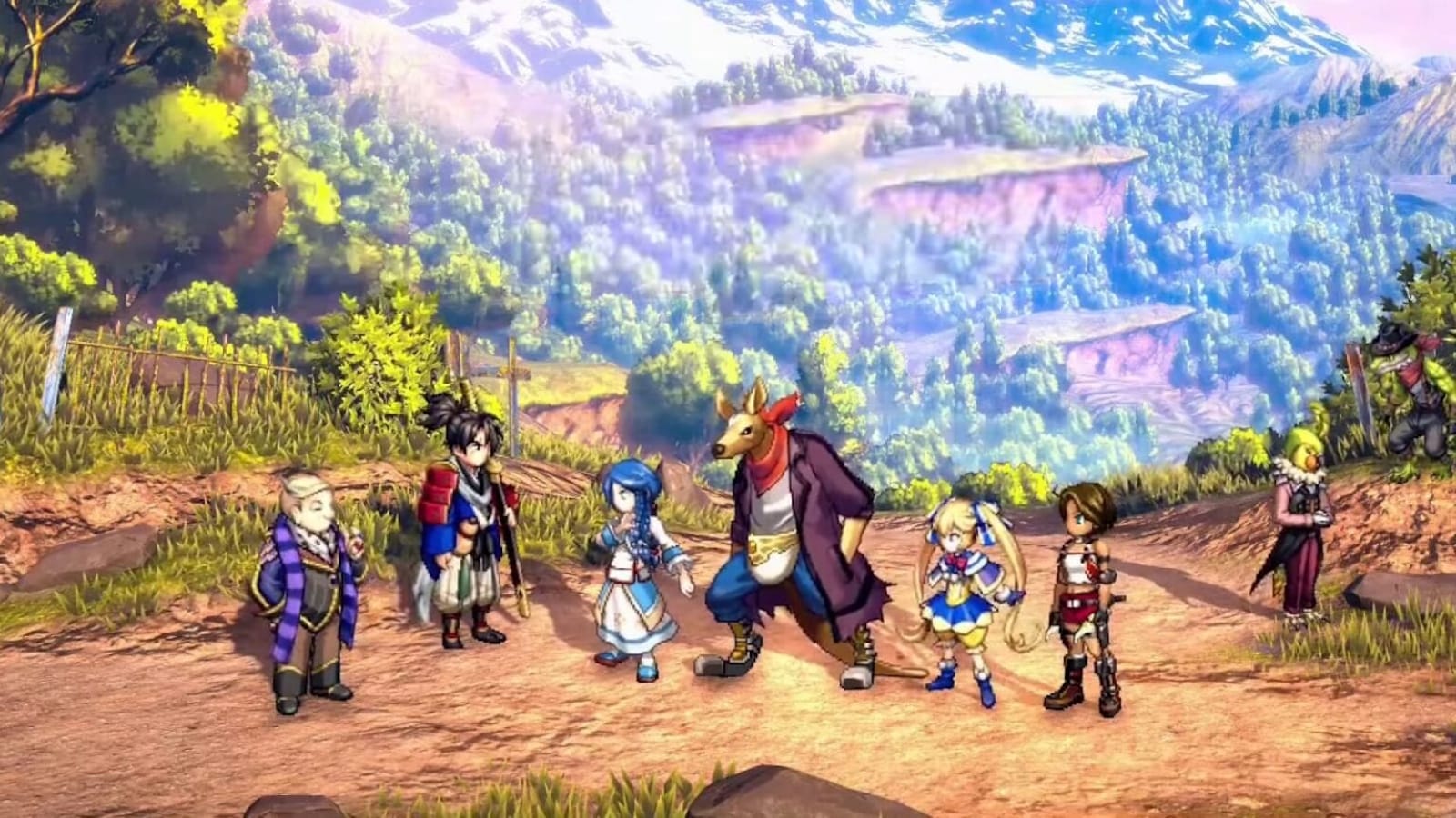 Sete personagens de estilos variados posam em caminho de terra com montanhas nevadas e vegetação vibrante ao fundo. Inclui idoso de cabelo branco, guerreiro com topete, maga de cabelo azul, humanoide canguru, garota loira com maria‑chiquinhas, aventureiro de cabelo castanho e criatura reptiliana verde.