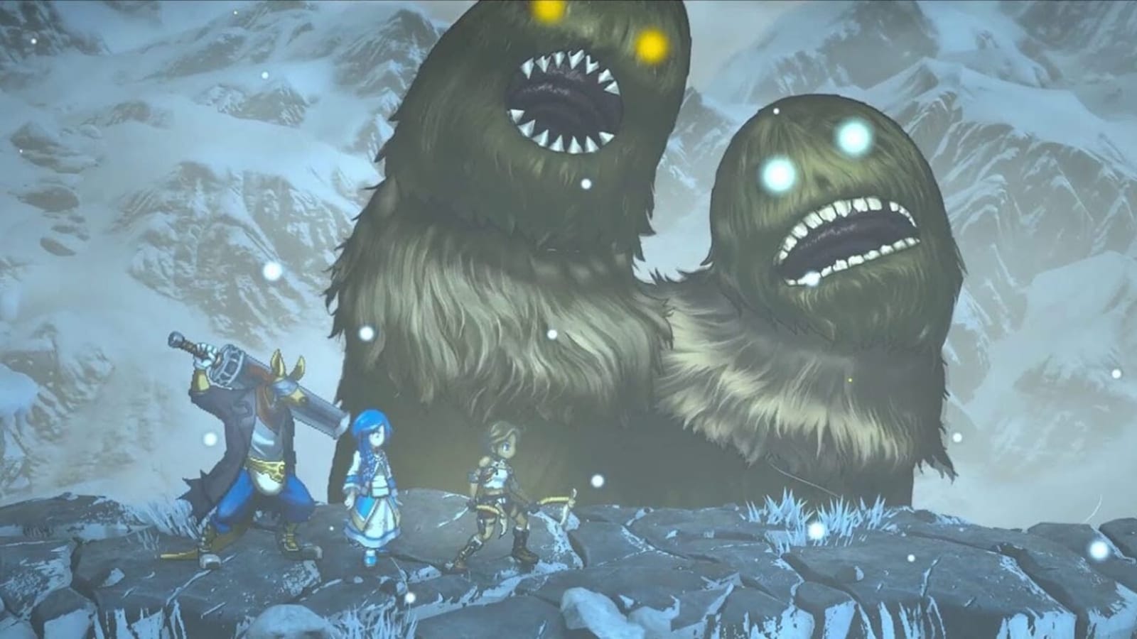 Três aventureiros, um com espada, outro em manto azul e outro com arco, enfrentam criatura peluda de duas cabeças com olhos brilhantes amarelos e azuis. Cena ocorre em penhasco coberto de neve com flocos caindo.