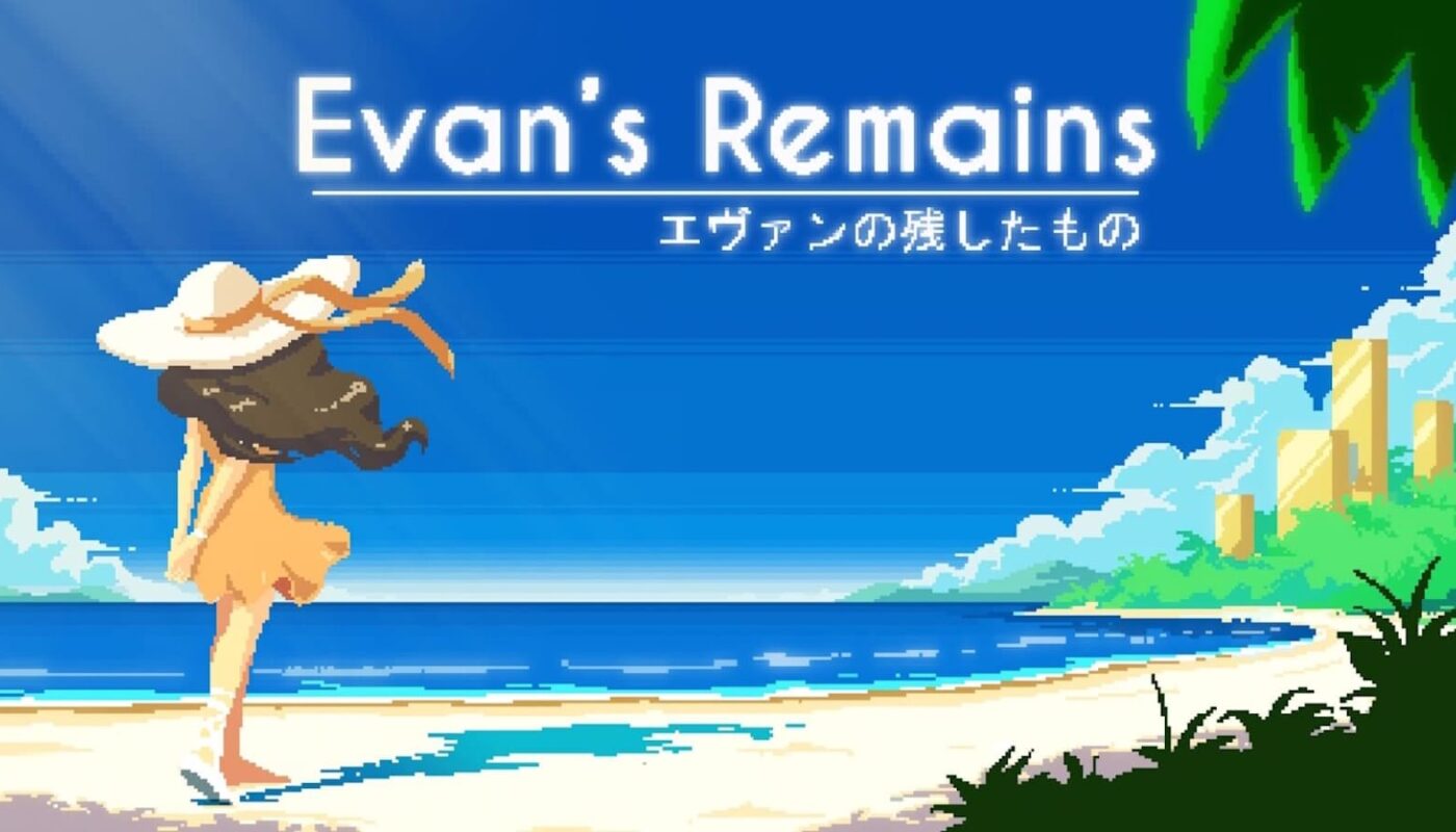 Cena em pixel art com personagem de chapéu grande caminhando na areia ao lado do mar calmo sob céu azul com nuvens. Ao fundo, estruturas douradas altas parcialmente cobertas por vegetação. Título ‘Evan’s Remains’ aparece no topo com texto japonês abaixo.