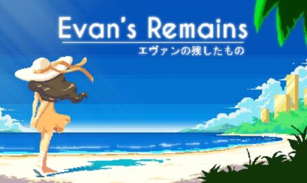 Cena em pixel art com personagem de chapéu grande caminhando na areia ao lado do mar calmo sob céu azul com nuvens. Ao fundo, estruturas douradas altas parcialmente cobertas por vegetação. Título ‘Evan’s Remains’ aparece no topo com texto japonês abaixo.