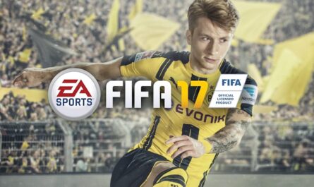 Capa de FIFA 17 mostrando jogador com uniforme amarelo e preto do Borussia Dortmund em estádio cheio de bandeiras amarelas. Logo EA Sports e título ‘FIFA 17’ aparecem à frente.