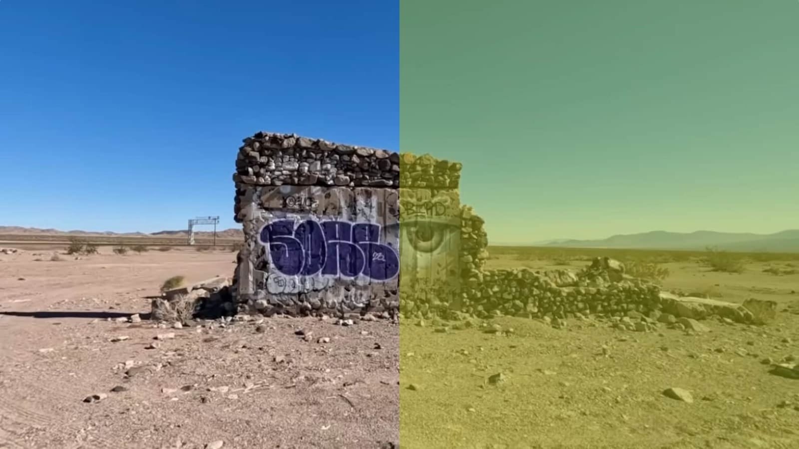 Cena dividida em duas cores mostrando ruína de pedra com grafites em área desértica. Lado esquerdo em tons naturais com céu azul; lado direito com filtro amarelo‑esverdeado. Montanhas e vegetação escassa ao fundo.
