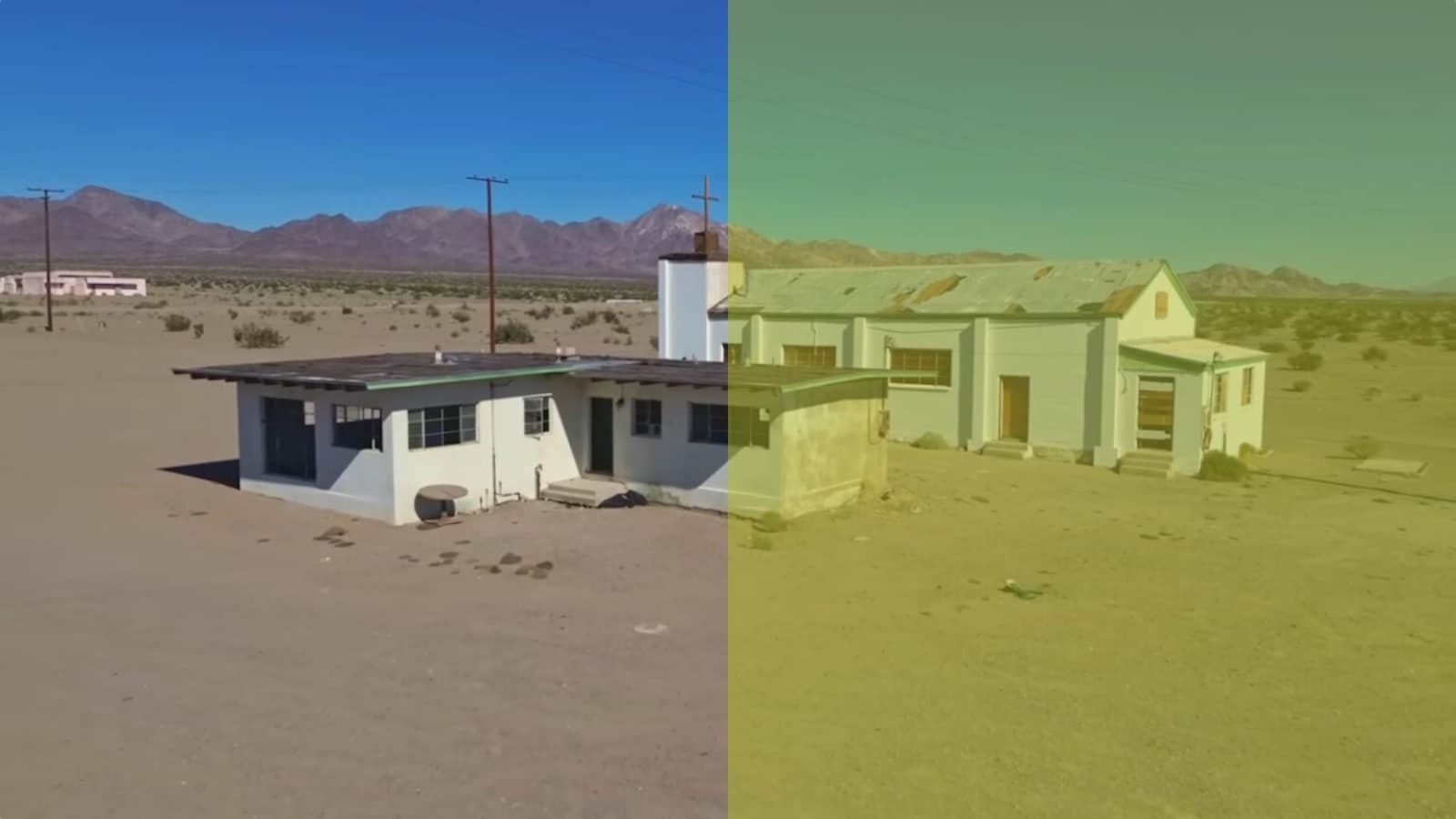 Imagem dividida verticalmente mostrando duas casas brancas antigas em paisagem desértica. Lado esquerdo com cores naturais e céu azul; lado direito com filtro amarelo‑esverdeado. Montanhas ao fundo.