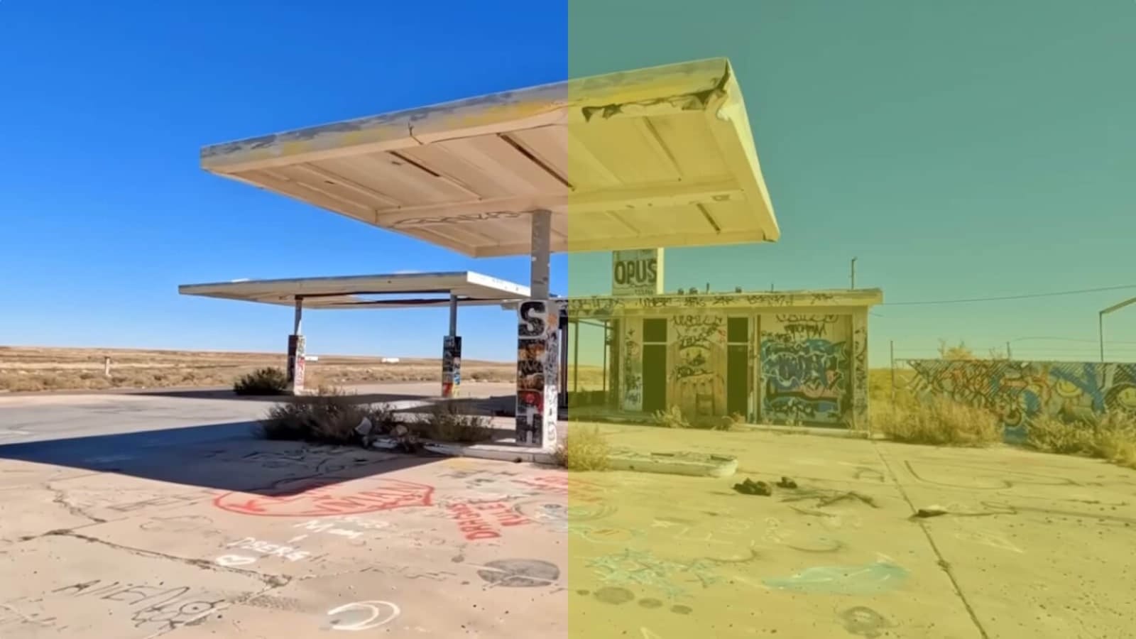 Posto de gasolina deteriorado dividido em duas tonalidades: esquerda com céu azul e cores naturais; direita com filtro amarelo‑esverdeado. Estrutura com telhados, colunas e prédio cobertos por grafite, chão rachado e vegetação seca.