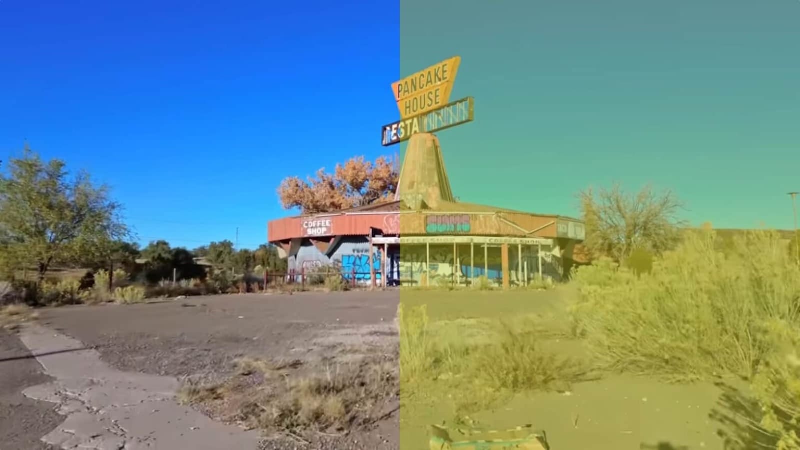Estrutura abandonada à beira da estrada com letreiros ‘Pancake House’, ‘Fiesta Inn’ e ‘Coffee Shop’. Imagem dividida em duas tonalidades: esquerda com cores naturais e céu azul; direita com filtro amarelo‑esverdeado. Vegetação seca e grafites ao redor.