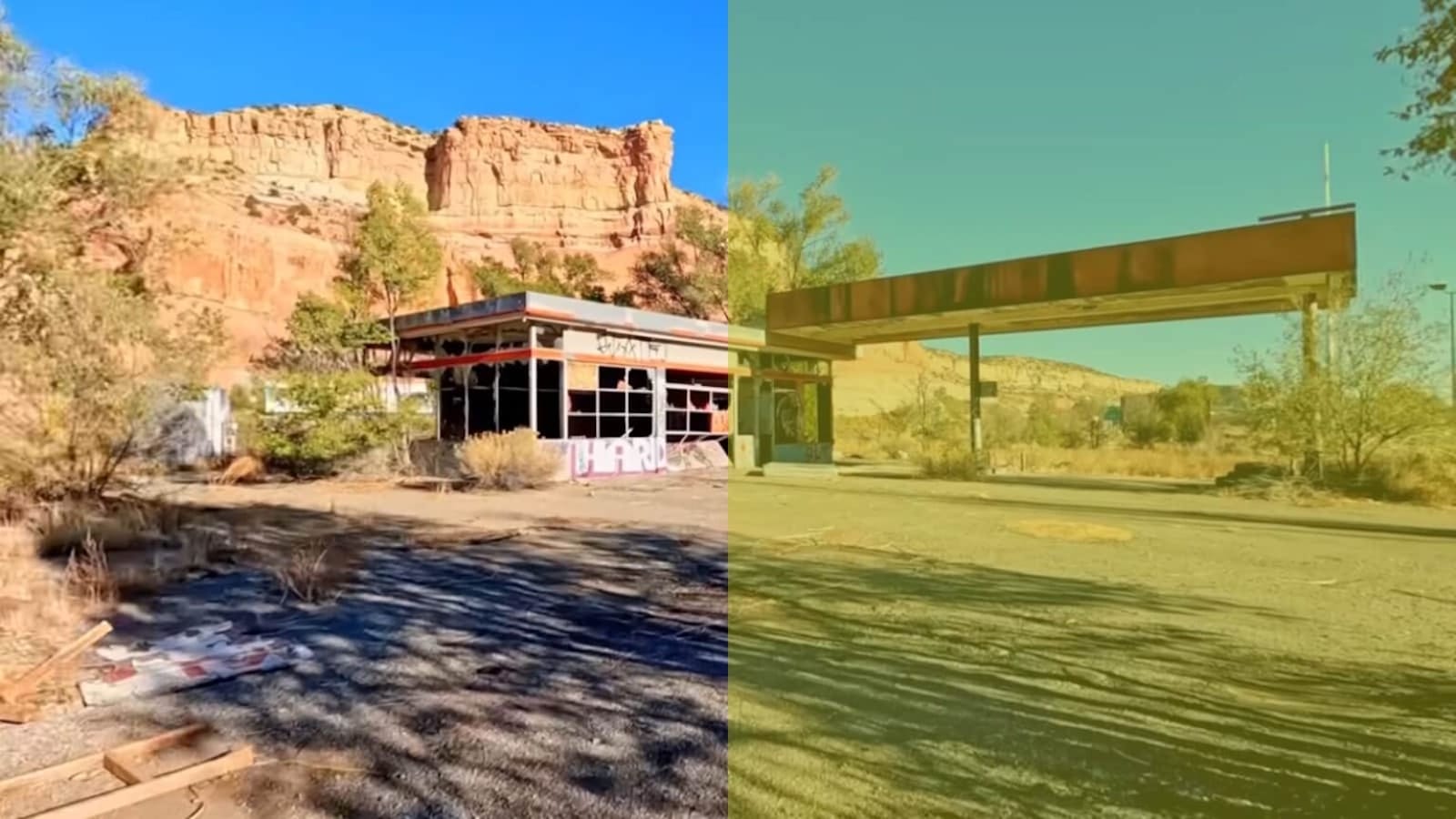 Posto abandonado em área desértica, dividido em duas cores: lado esquerdo com tons naturais e prédio danificado; lado direito com filtro amarelo‑esverdeado mostrando mesma estrutura com janelas quebradas, grafites e vegetação seca.