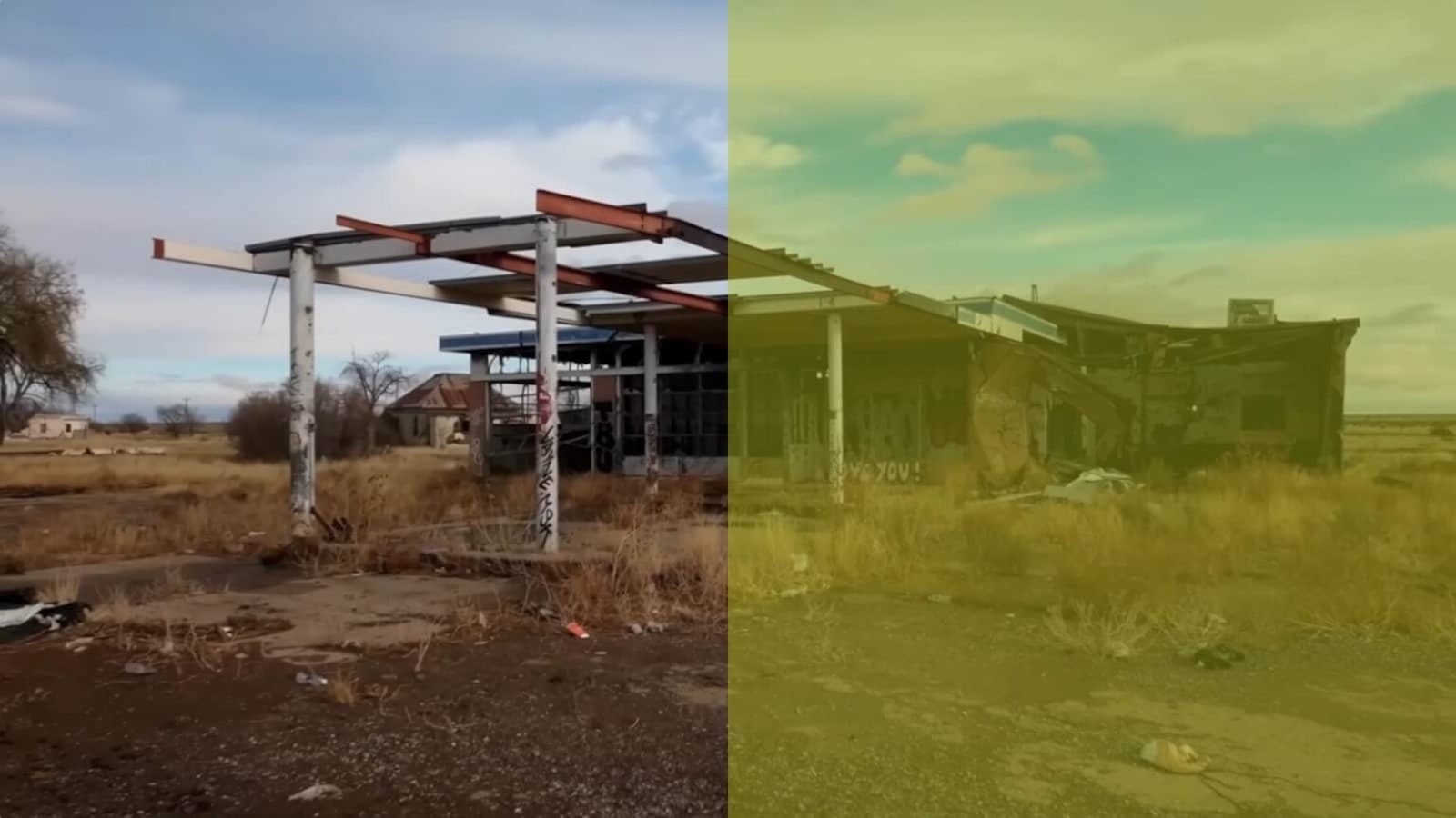 Construção parcialmente desabada com vigas expostas e grafites, cercada por grama seca. Imagem dividida verticalmente: lado esquerdo com cores naturais; lado direito com filtro amarelo‑esverdeado. Pequenos prédios antigos ao fundo.