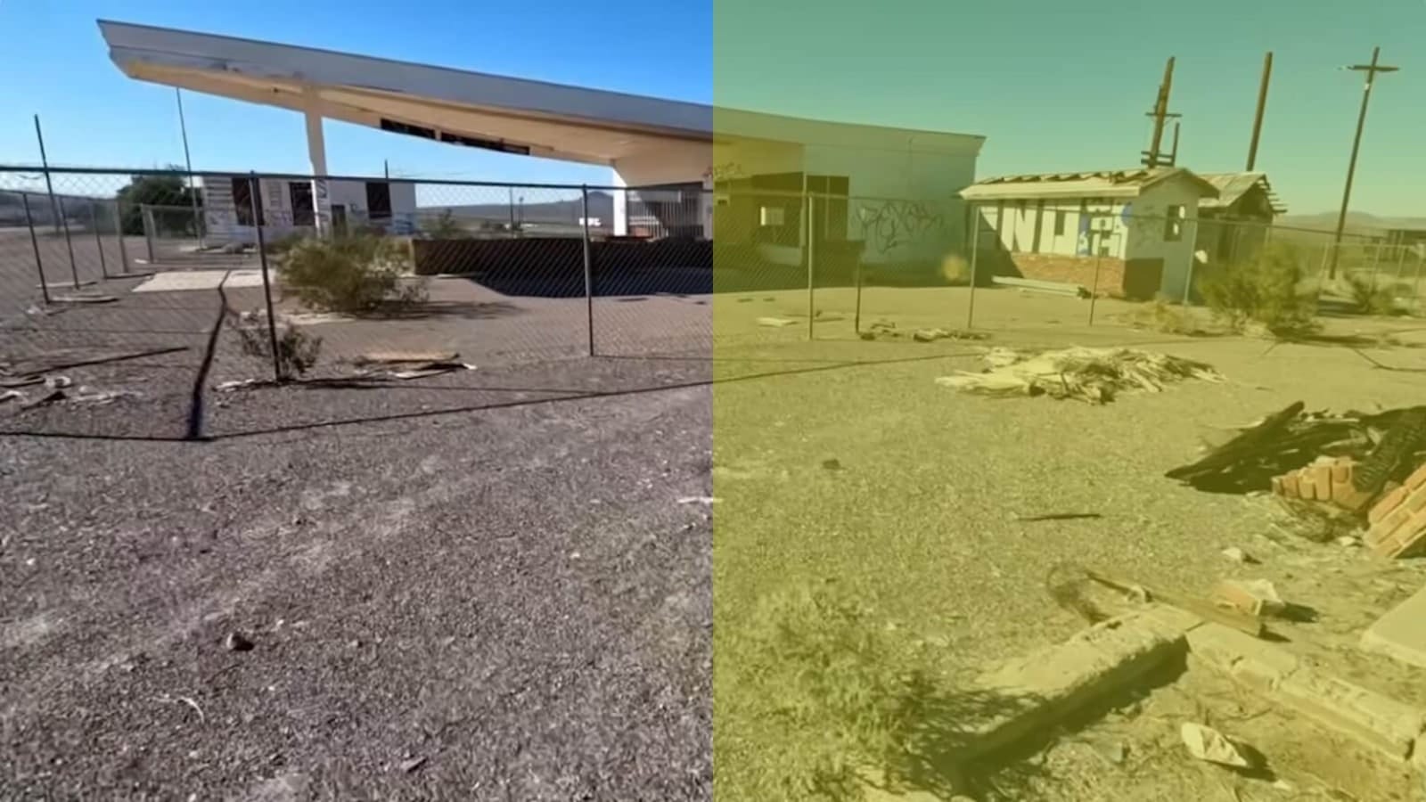 Cena dividida em duas tonalidades mostrando área desértica com posto e prédio abandonados. Lado esquerdo com cobertura típica de posto e vegetação esparsa; lado direito com prédio menor deteriorado, grafites e entulho. Céu azul e colinas ao fundo.