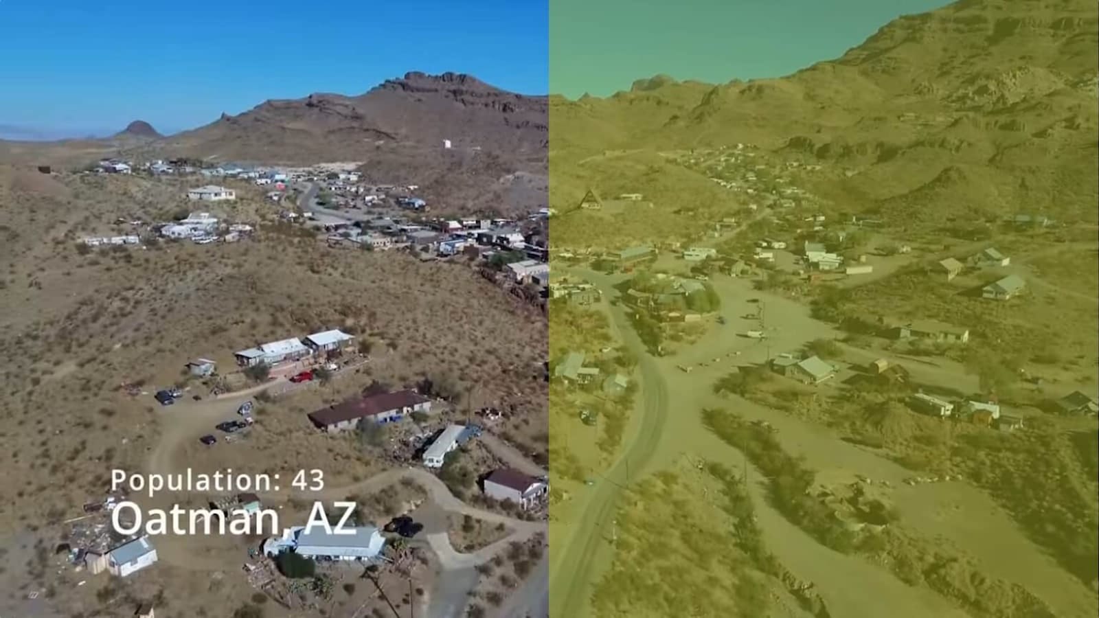 Imagem aérea de pequena cidade desértica cercada por morros e vegetação rala. Cena dividida em duas tonalidades: lado esquerdo com cores naturais e céu azul; lado direito com filtro amarelado. Texto indica ‘Population: 43 — Oatman, AZ’.