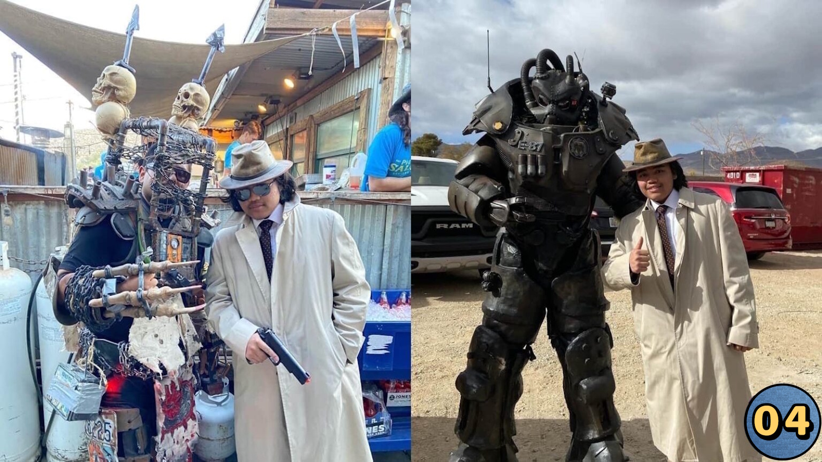 Imagem dividida em duas partes mostrando cosplayers em cenário desértico. À esquerda, pessoa com armadura feita de metal, fios e ossos ao lado de indivíduo de sobretudo bege, chapéu e arma cenográfica. À direita, o mesmo indivíduo posa ao lado de pessoa usando armadura volumosa semelhante a power armor.