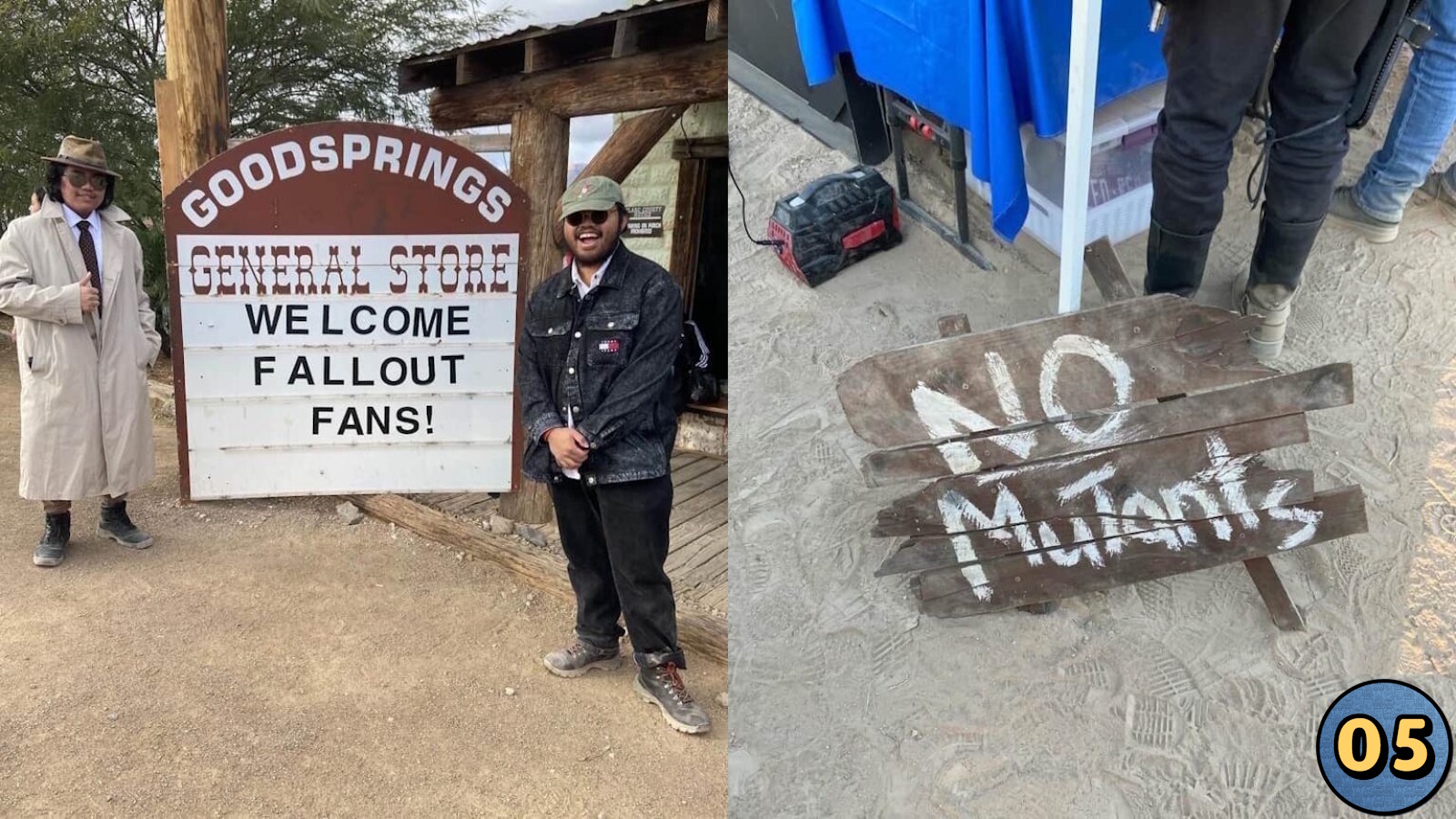 Imagem dividida em duas partes. À esquerda, duas pessoas ao lado de placa de madeira ‘Goodsprings General Store – Welcome Fallout Fans!’ em ambiente rústico desértico. À direita, placa de madeira no chão com texto ‘No Mutants’ próxima a pés de participantes e tenda azul.