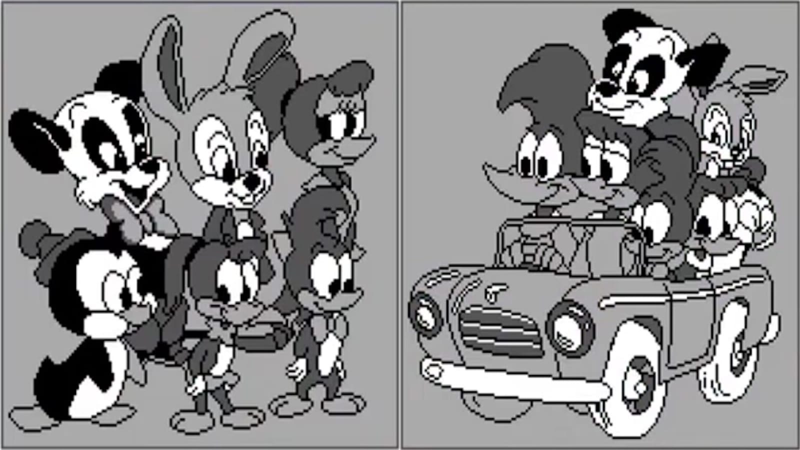 Desenho em dois quadros: à esquerda, seis personagens antropomórficos como panda, coelho e aves posam juntos; à direita, o mesmo grupo aparece dentro de carro pequeno, com um deles dirigindo.