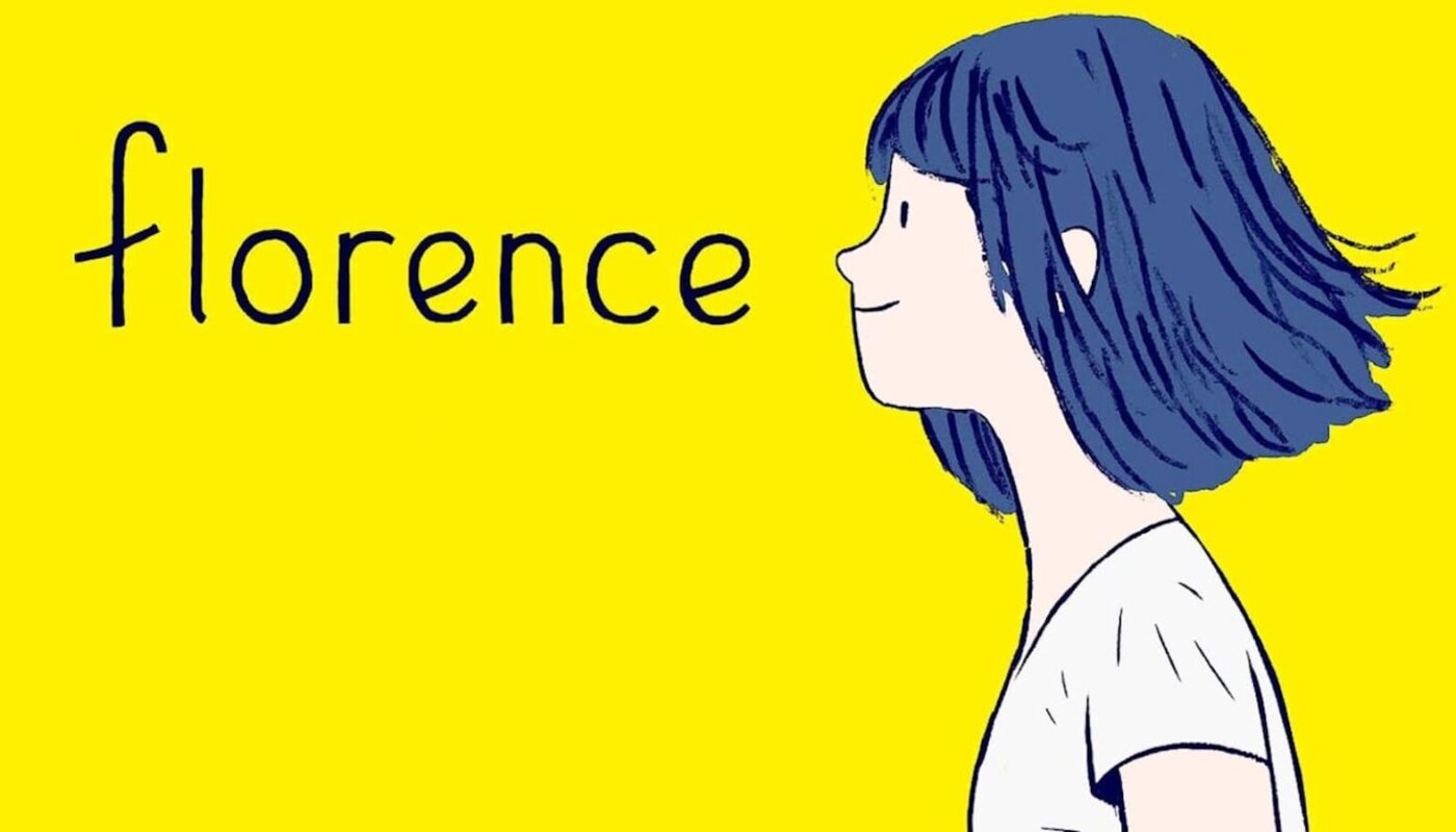 Ilustração minimalista com personagem de cabelo azul curto em perfil, usando camisa branca sobre fundo amarelo. À esquerda, o título ‘florence’ em fonte manuscrita simples.