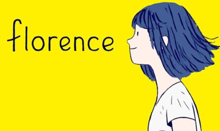 Ilustração minimalista com personagem de cabelo azul curto em perfil, usando camisa branca sobre fundo amarelo. À esquerda, o título ‘florence’ em fonte manuscrita simples.