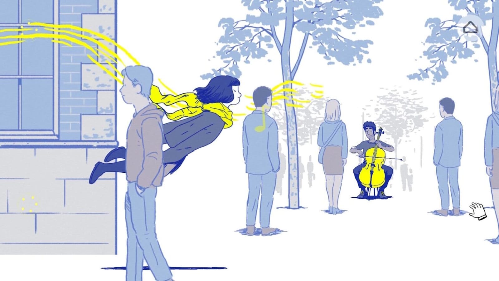 Cena artística com personagem de cachecol amarelo flutuando horizontalmente enquanto segue linhas amarelas que representam música tocada por violoncelista ao fundo. Ambiente urbano em tons de azul com pessoas e árvores.