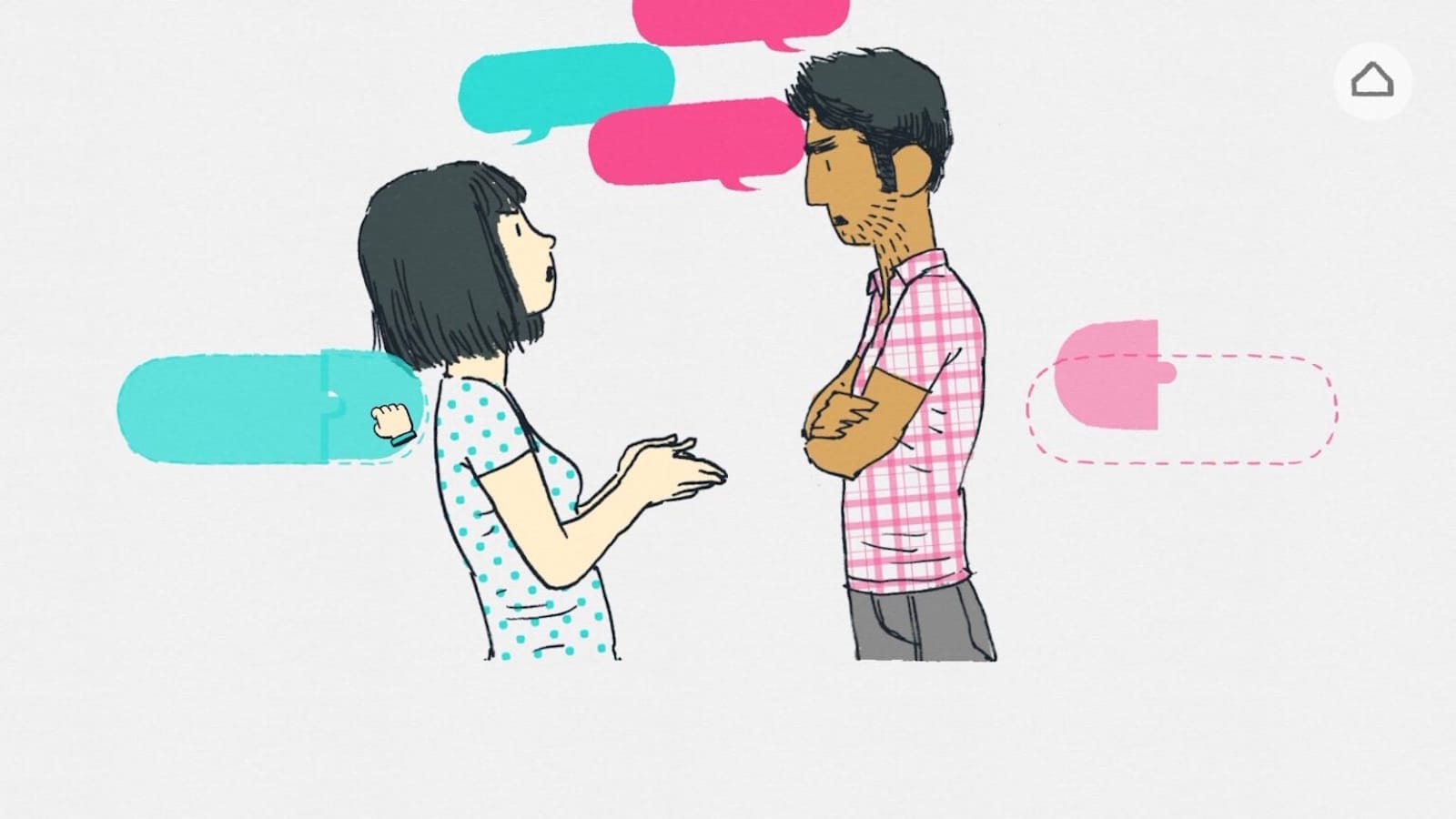 Desenho de duas pessoas dialogando: à esquerda, figura de camisa azul com bolinhas gesticulando; à direita, pessoa de camisa rosa xadrez com braços cruzados. Entre elas, balões de fala azuis e rosas simbolizam a conversa.